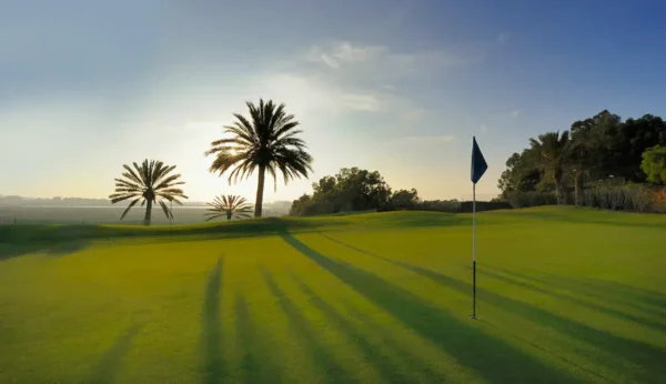 Golf between palm trees and waves